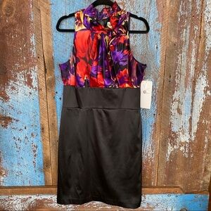 NW Collections Black Satin Print Sleeveless Dress